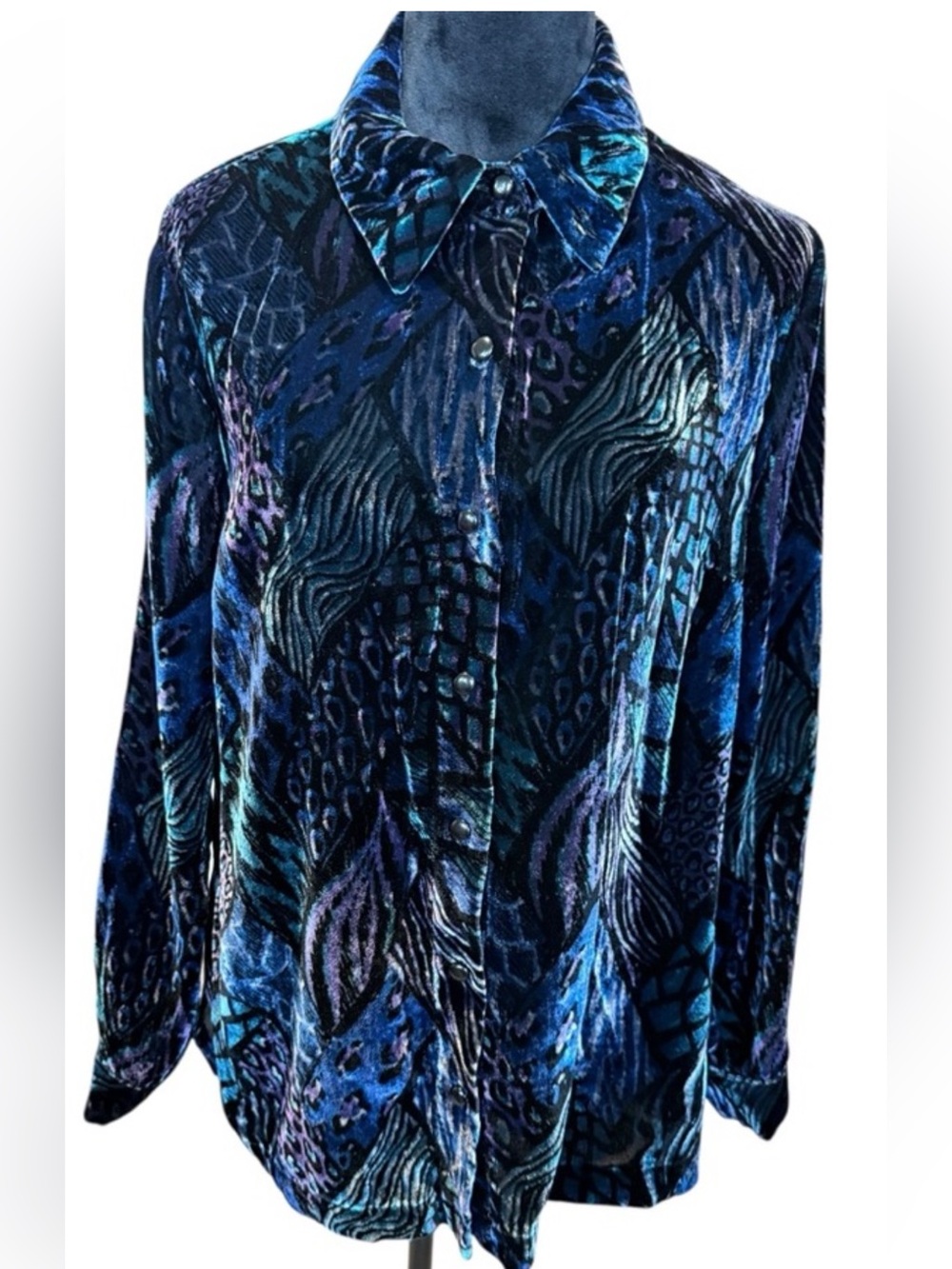 Bob Mackie Blue Multi Velvet Button-Down Shirt